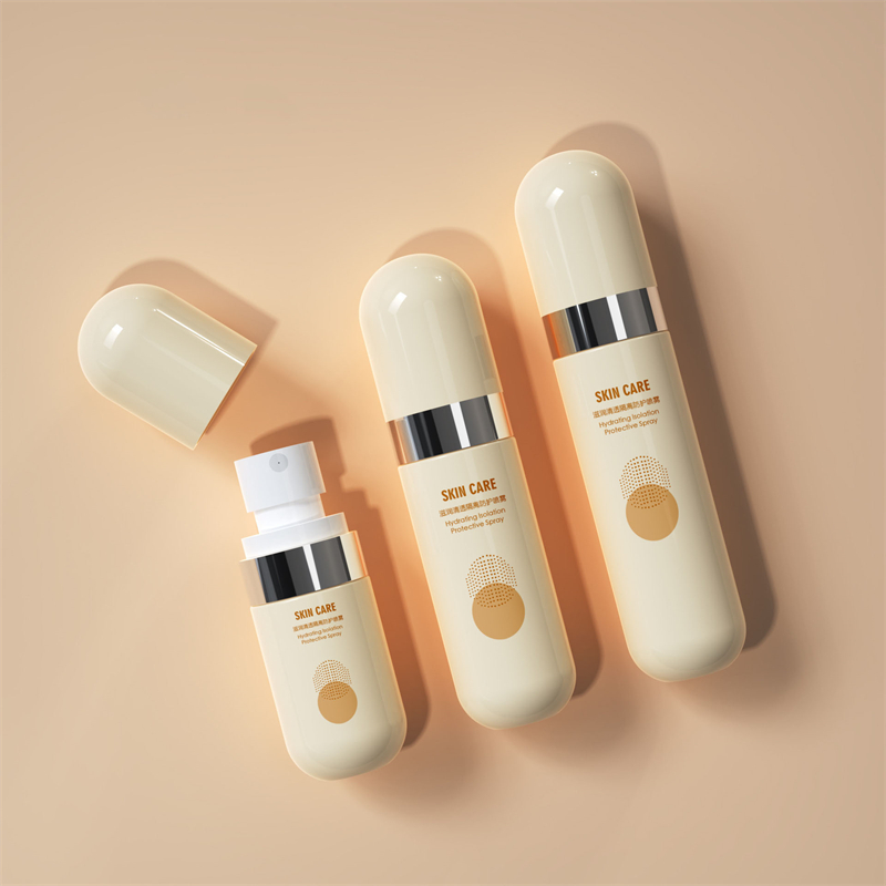 Botella de plástico de beige de oro de oro de niebla de oro fina vacía 40ml 60ml 80ml 100ml Botella de plástico beige con cubierta redonda para envases cosméticos faciales